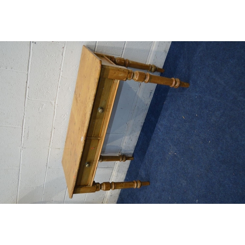 1288 - A VICTORIAN STYLE PINE SIDE TABLE, with two drawers on turned legs, width 107cm x depth 47cm x heigh... 