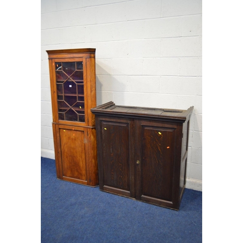 1295 - A GEORGIAN AND LATER OAK DOUBLE DOOR LINEN PRESS TOP, width 144cm x depth 66cm x height 116cm, toget... 