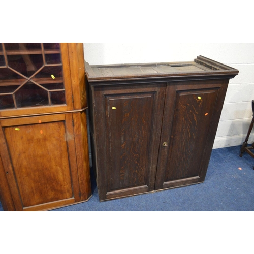 1295 - A GEORGIAN AND LATER OAK DOUBLE DOOR LINEN PRESS TOP, width 144cm x depth 66cm x height 116cm, toget... 