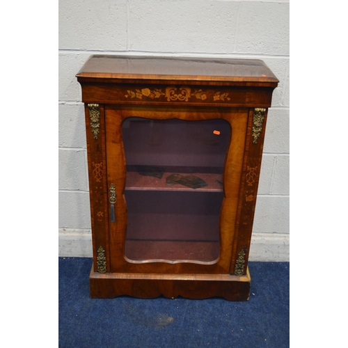 1296 - A LATE 19TH CENTURY WALNUT, ROSEWOOD BANDED AND FOLIATE INLAID GLAZED PIER CABINET, with brass mount... 