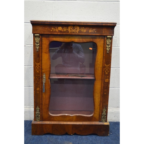 1296 - A LATE 19TH CENTURY WALNUT, ROSEWOOD BANDED AND FOLIATE INLAID GLAZED PIER CABINET, with brass mount... 