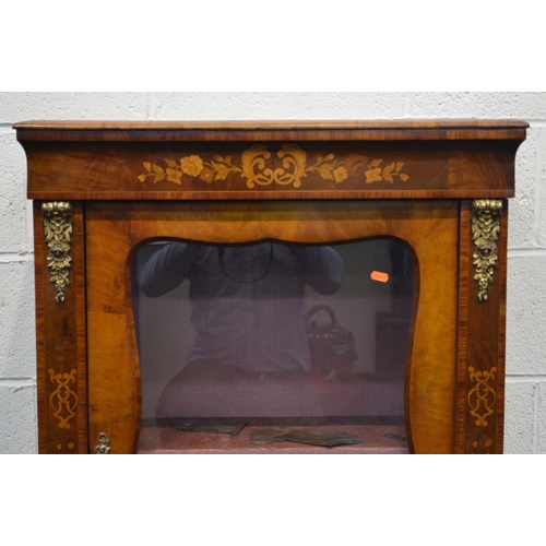 1296 - A LATE 19TH CENTURY WALNUT, ROSEWOOD BANDED AND FOLIATE INLAID GLAZED PIER CABINET, with brass mount... 