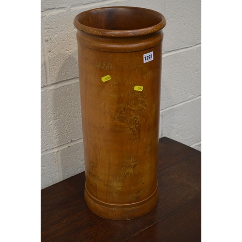 1297 - A CYLINDRICAL TURNED HARDWOOD UMBRELLA STAND, together with a mid 20th Century oak gate leg table an... 