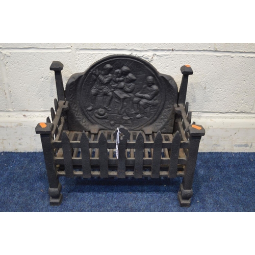 1298 - A CAST IRON FIRE GRATE, the back depicting a social gathering, width 44cm x depth 26cm x height 39cm