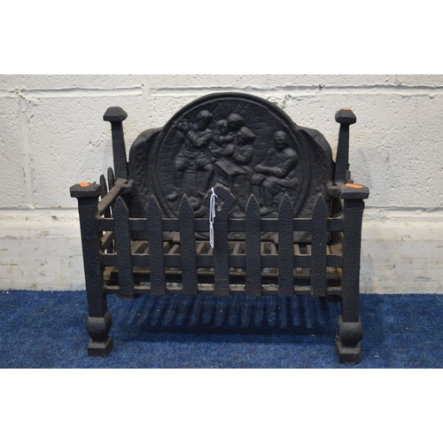 1298 - A CAST IRON FIRE GRATE, the back depicting a social gathering, width 44cm x depth 26cm x height 39cm