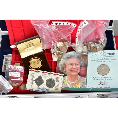 130 - A LARGE BOX AND ALUMINIUM CASE OF UK AND WORLD COINS WITH ROYAL MINT SETS, STAMP AND COIN COVERS, to... 