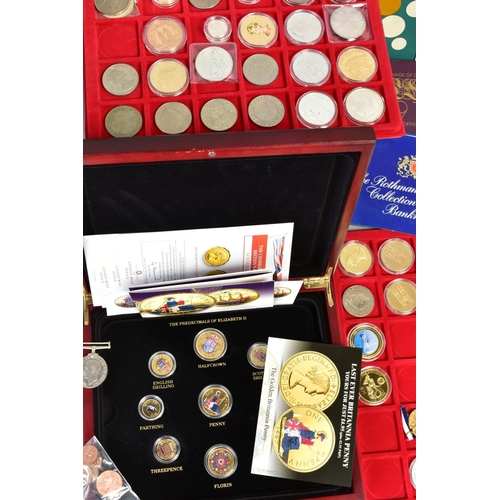 130 - A LARGE BOX AND ALUMINIUM CASE OF UK AND WORLD COINS WITH ROYAL MINT SETS, STAMP AND COIN COVERS, to... 