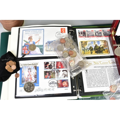 130 - A LARGE BOX AND ALUMINIUM CASE OF UK AND WORLD COINS WITH ROYAL MINT SETS, STAMP AND COIN COVERS, to... 