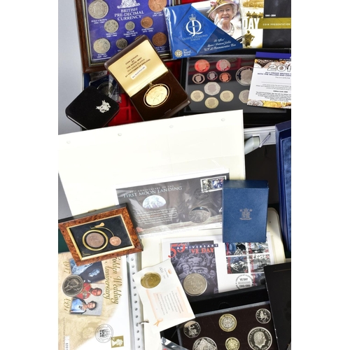 130 - A LARGE BOX AND ALUMINIUM CASE OF UK AND WORLD COINS WITH ROYAL MINT SETS, STAMP AND COIN COVERS, to... 