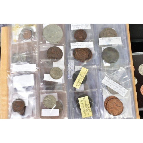 130 - A LARGE BOX AND ALUMINIUM CASE OF UK AND WORLD COINS WITH ROYAL MINT SETS, STAMP AND COIN COVERS, to... 