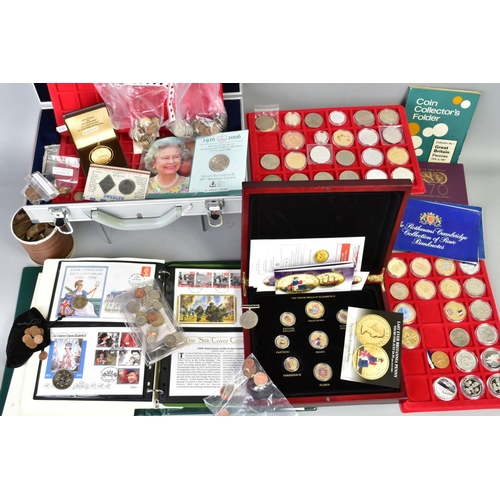 130 - A LARGE BOX AND ALUMINIUM CASE OF UK AND WORLD COINS WITH ROYAL MINT SETS, STAMP AND COIN COVERS, to... 