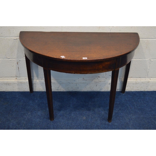 1306 - A GEORGIAN OAK D END TABLE, on square tapeing legs, width 110cm x depth 51cm x height 107cm (losses ... 