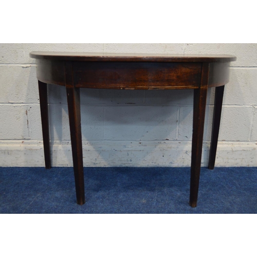 1306 - A GEORGIAN OAK D END TABLE, on square tapeing legs, width 110cm x depth 51cm x height 107cm (losses ... 