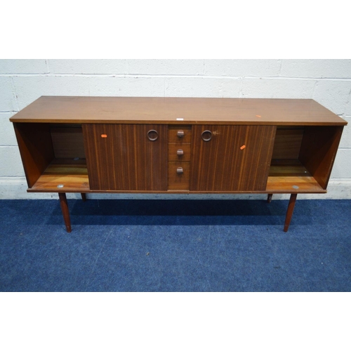 1314 - AN AVALON TEAK SIDEBOARD, with double sliding doors flanking three graduating drawers, approximate w... 