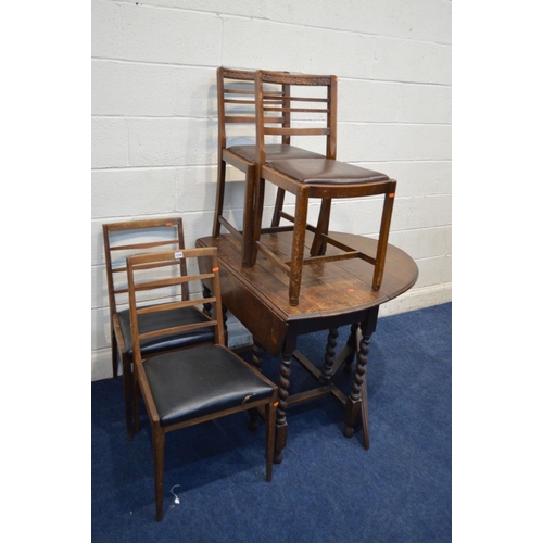 1316 - TWO MID 20TH CENTURY TEAK LADDERBACK CHAIRS, together with an oak barley twist gate leg table (sd) a... 