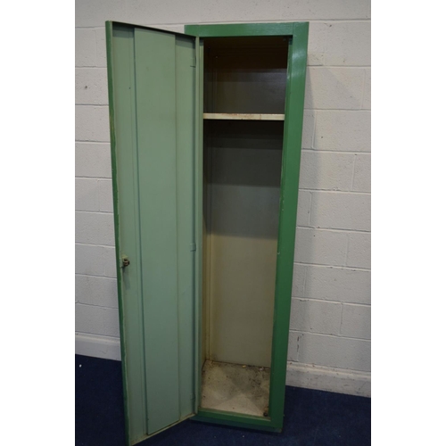 1319 - A TALL SLIM GREEN PAINTED TIN LOCKER, approximate width 54cm x depth 49cm x height 206cm