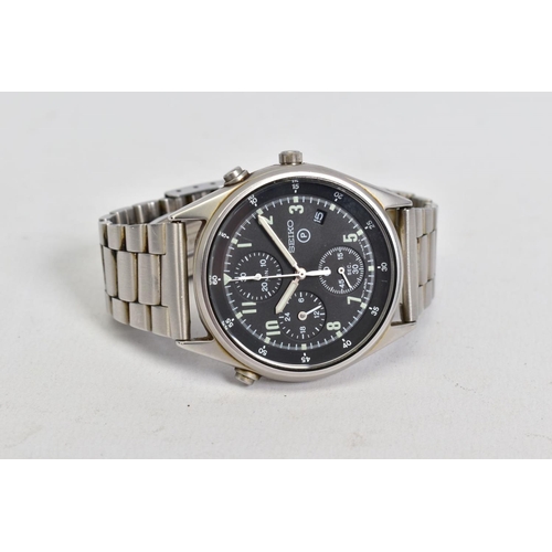 132 - A SEIKO MILITARY STYLE CHRONOGRAPH WRISTWATCH, fitted with black dial, Arabic numerals and subsidiar... 