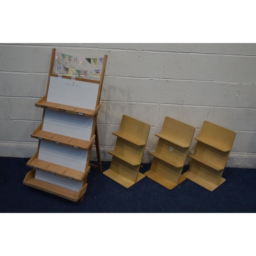 1345 - A MODERN BEECH FOLDING A STAND, with three shelves, together with three beech shelves (4)