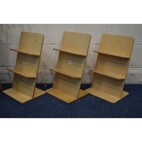 1345 - A MODERN BEECH FOLDING A STAND, with three shelves, together with three beech shelves (4)