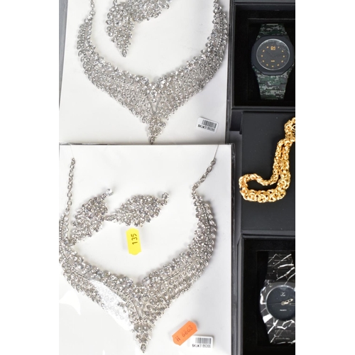 137 - A BOX OF COSTUME JEWELLERY, to include three necklaces, a white, yellow and rose coloured fancy link... 