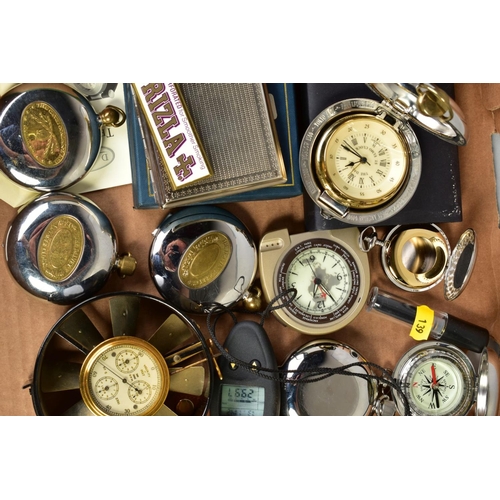 139 - A BOX OF ITEMS, TO INCLUDE TRAVEL CLOCKS, smoking apparatus, compasses, wind precision equipment, Br... 