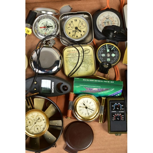 139 - A BOX OF ITEMS, TO INCLUDE TRAVEL CLOCKS, smoking apparatus, compasses, wind precision equipment, Br... 