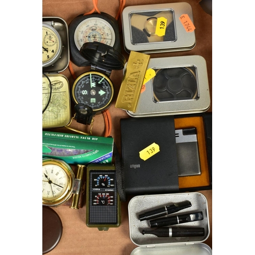 139 - A BOX OF ITEMS, TO INCLUDE TRAVEL CLOCKS, smoking apparatus, compasses, wind precision equipment, Br... 