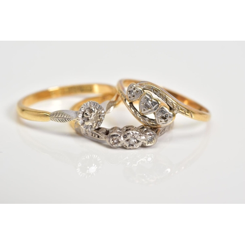 14 - THREE DIAMOND SET RINGS, the first a single stone ring set with a single cut diamond, with leaf deta... 