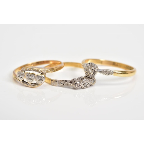 14 - THREE DIAMOND SET RINGS, the first a single stone ring set with a single cut diamond, with leaf deta... 