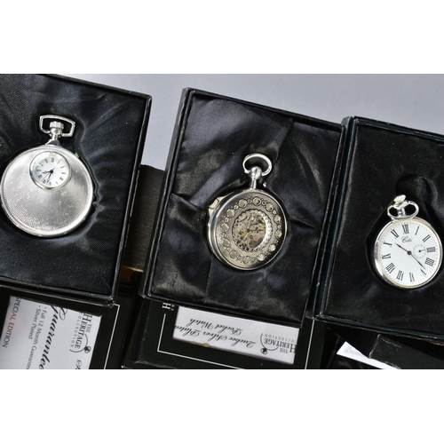 140 - A BOX OF HERITAGE COLLECTION POCKET WATCHES, and their boxes, and a Dominion mantle clock