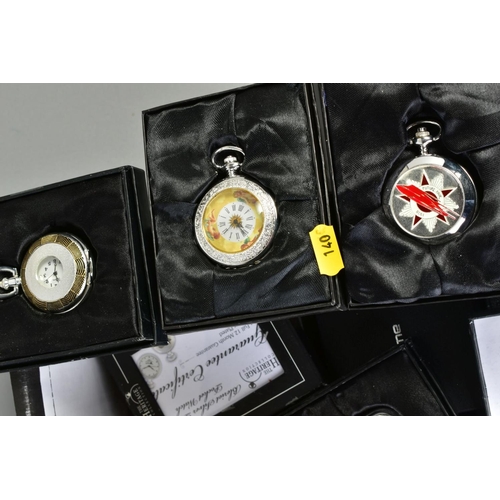 140 - A BOX OF HERITAGE COLLECTION POCKET WATCHES, and their boxes, and a Dominion mantle clock