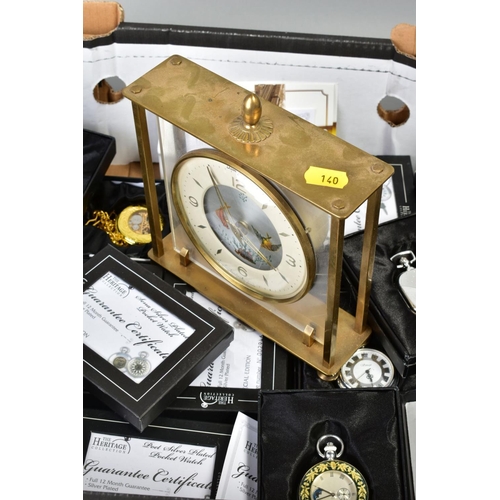 140 - A BOX OF HERITAGE COLLECTION POCKET WATCHES, and their boxes, and a Dominion mantle clock