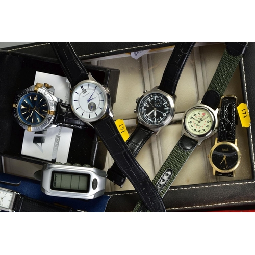 141 - A BOX OF WRISTWATCHES, to include a Pulsar Chronograph wristwatch, two Avi-8 watches, a GT automatic... 