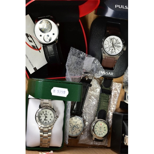 141 - A BOX OF WRISTWATCHES, to include a Pulsar Chronograph wristwatch, two Avi-8 watches, a GT automatic... 