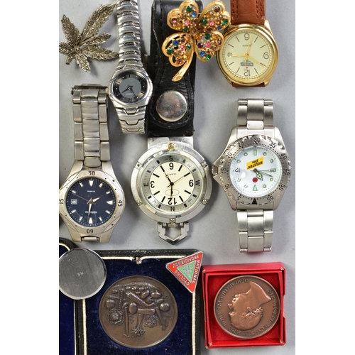 142 - A BOX OF WRISTWATCHES, BROOCHES AND COINS, to include an Avia and two Sekonda wristwatches, five com... 