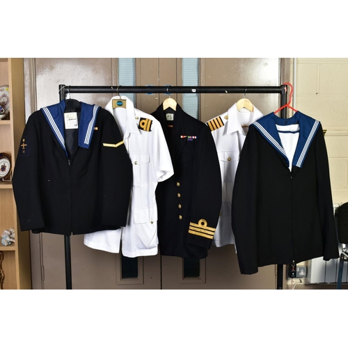 150 - FIVE ITEMS OF ROYAL NAVY JACKETS, smocks etc, one womans and five Royal Navy items of headwear, all ... 