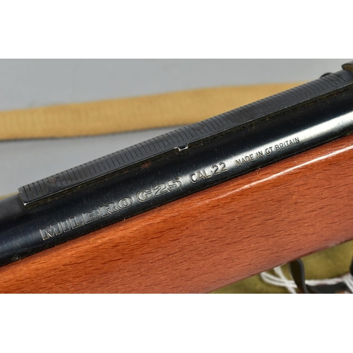 163 - A MILBRO MODEL G25 .22'' AIR RIFLE fitted with a hooded foresight and metal ramp rear sight, it bear... 