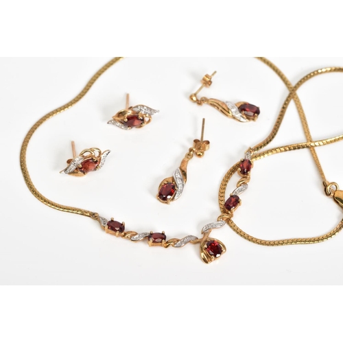 17 - A SELECTION OF 9CT GOLD GARNET AND DIAMOND SET JEWELLERY, to include a 9ct gold articulated necklace... 