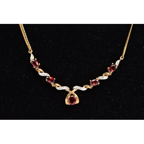 17 - A SELECTION OF 9CT GOLD GARNET AND DIAMOND SET JEWELLERY, to include a 9ct gold articulated necklace... 