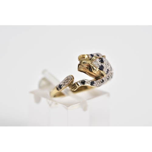 21 - A 9CT GOLD SAPPHIRE AND DIAMOND RING, in the form of a leopard with the body set with circular cut s... 