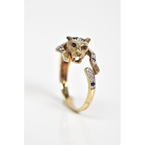 21 - A 9CT GOLD SAPPHIRE AND DIAMOND RING, in the form of a leopard with the body set with circular cut s... 