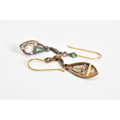 24 - A PAIR OF SILVER GILT DROP EARRINGS, each drop pendant set with circular emeralds and round brillian... 