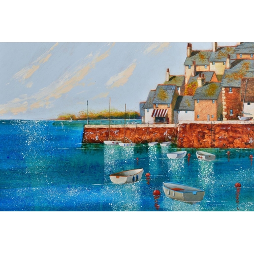 301 - STEVE BOWDEN (BRITISH CONTEMPORARY) 'COPPER QUAY' boats and cottages at a harbour, signed bottom rig... 