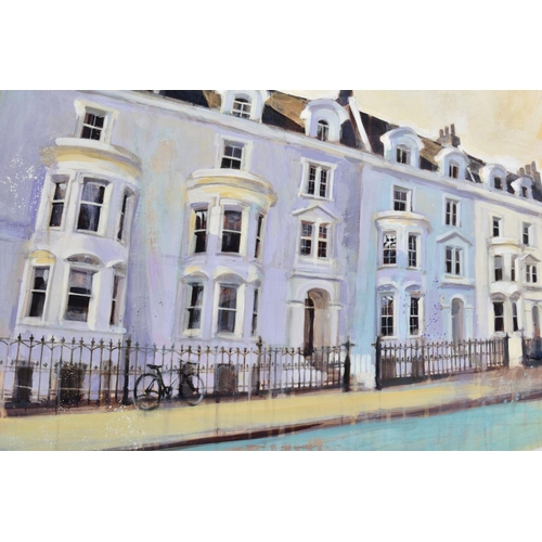 302 - CAMILLA DOWSE (BRITISH 1968) 'LILAC SUNSET' painted houses on a street, initialled bottom right, acr... 