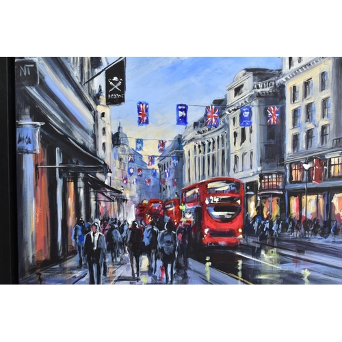 308 - CSILLA ORBAN (HUNGARY 1961) 'REGENT STREET, LONDON' a London cityscape with red buses, signed bottom... 