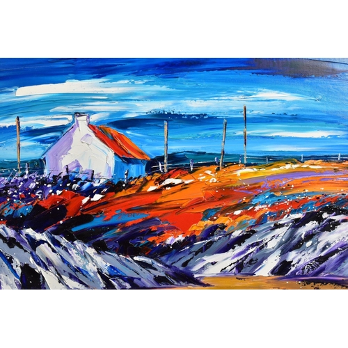 312 - LYNN RODGIE (SCOTTISH CONTEMPORARY) 'RED TILED ROOF' a colourful Scottish landscape, signed bottom r... 