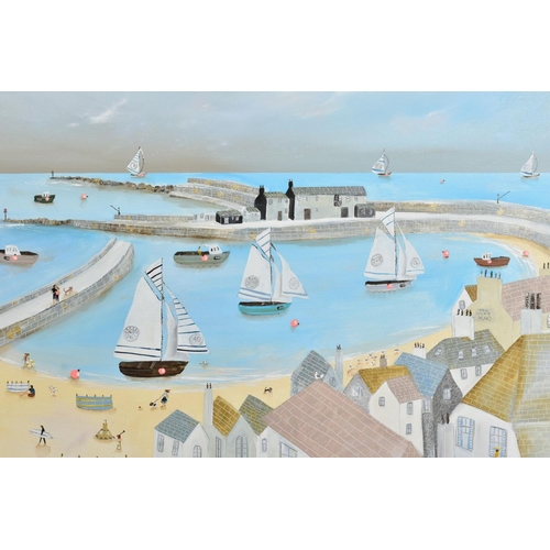 315 - LUCY YOUNG (BRITISH CONTEMPORARY) 'ROOF TOP VISTA' a view over the Cobb Marina Lyme Regis, initialle... 