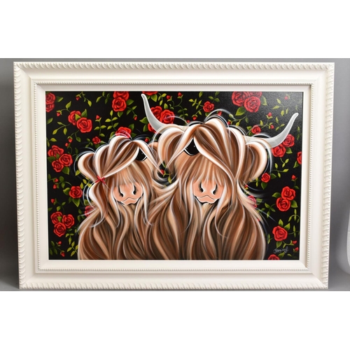 318 - JENNIFER HOGWOOD (BRITISH 1980) 'MY LOVE FOR MOO BLOOMS' a bull and heifer surrounded by roses, embe... 