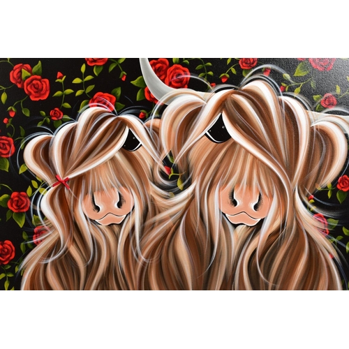 318 - JENNIFER HOGWOOD (BRITISH 1980) 'MY LOVE FOR MOO BLOOMS' a bull and heifer surrounded by roses, embe... 