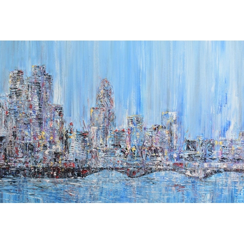 319 - CARL SCANES (BRITISH 1961) 'CITY REFLECTIONS V' a London skyline across the River Thames, signed bot... 